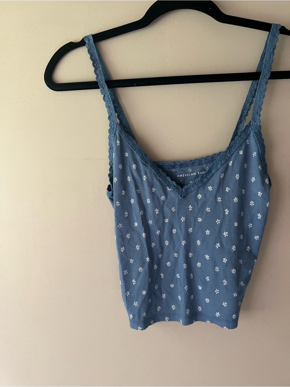American Eagle Navy Blue Floral Ribbed Cami with Lace Trim